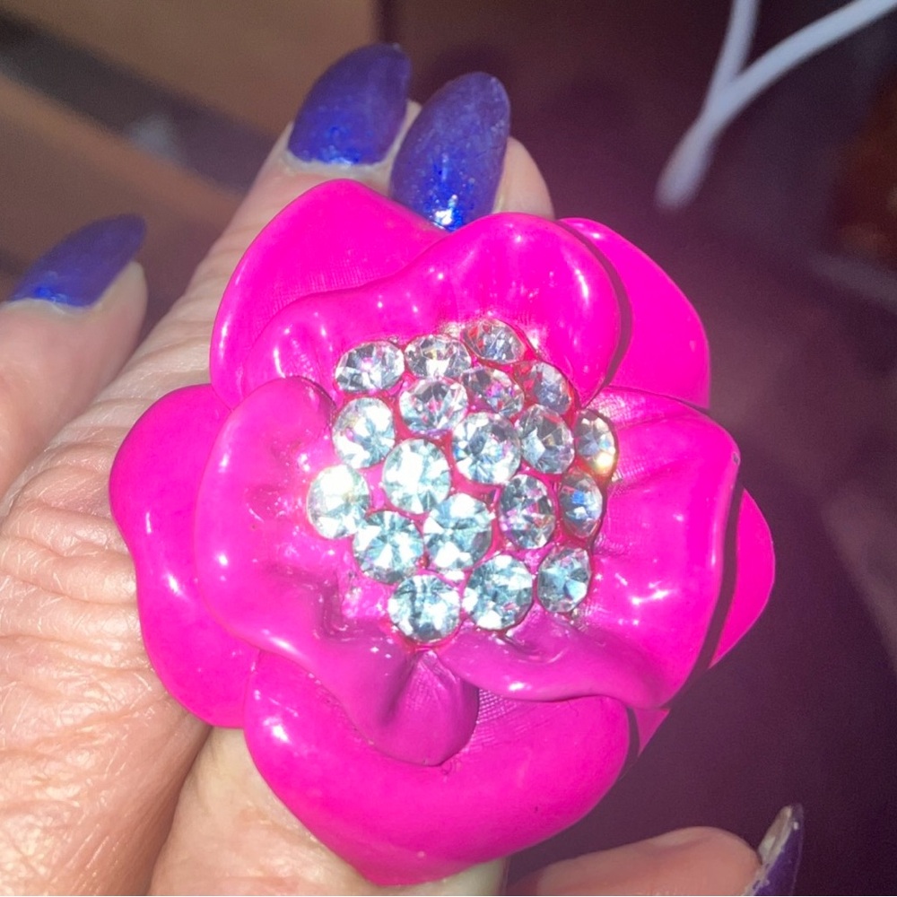 Vintage, hot, pink, fuchsia, metal rose, flower floral ring, rhinestone adjusts